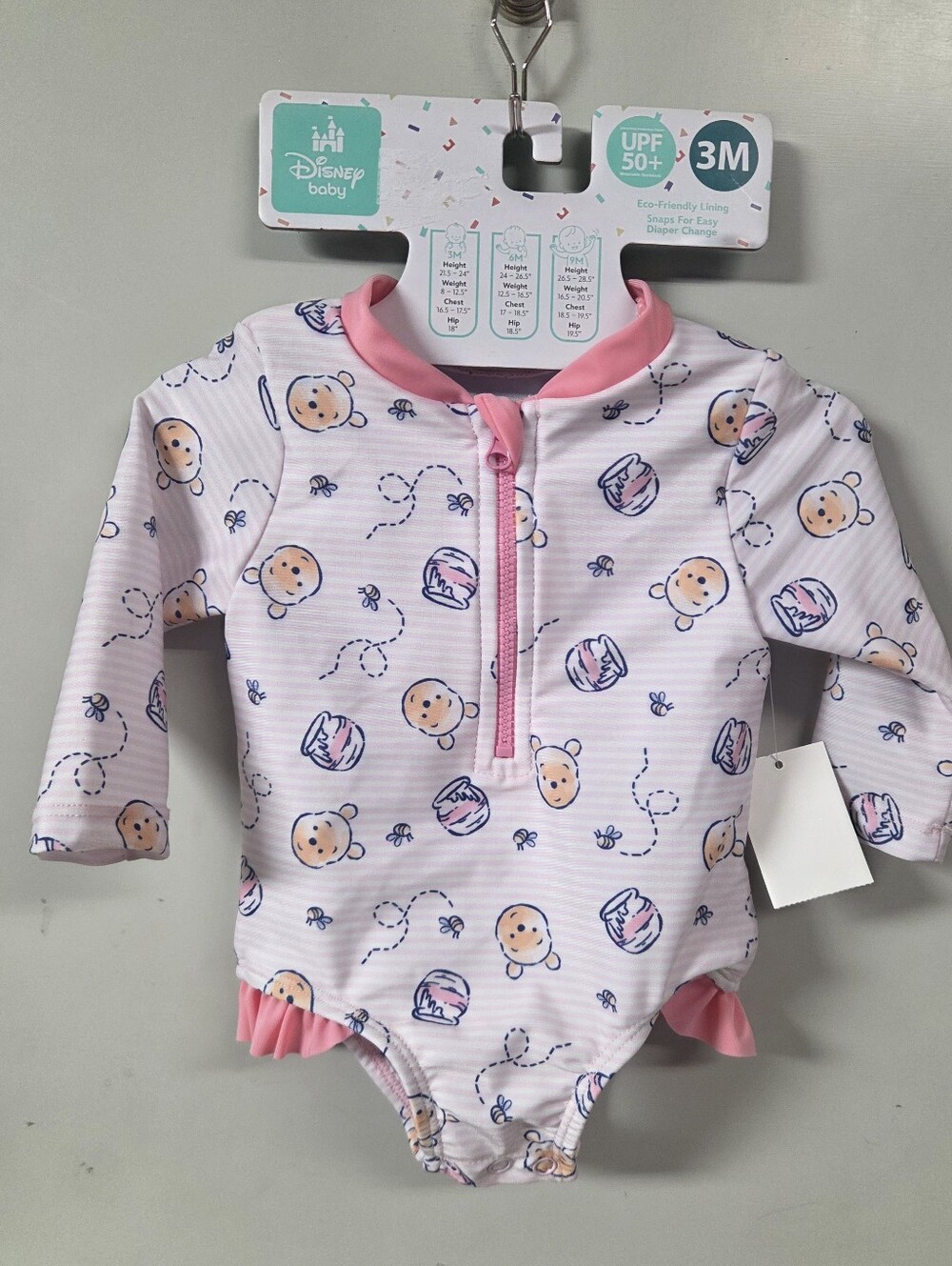 Disney Pink and White Winnie The Pooh Print Long Sleeve One-Piece UPF 50.